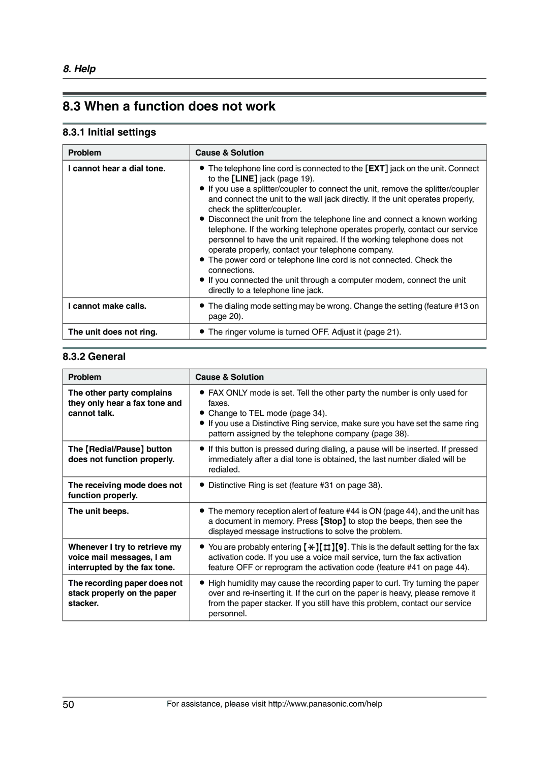 Panasonic KX-FL421 manual When a function does not work, Initial settings, General 