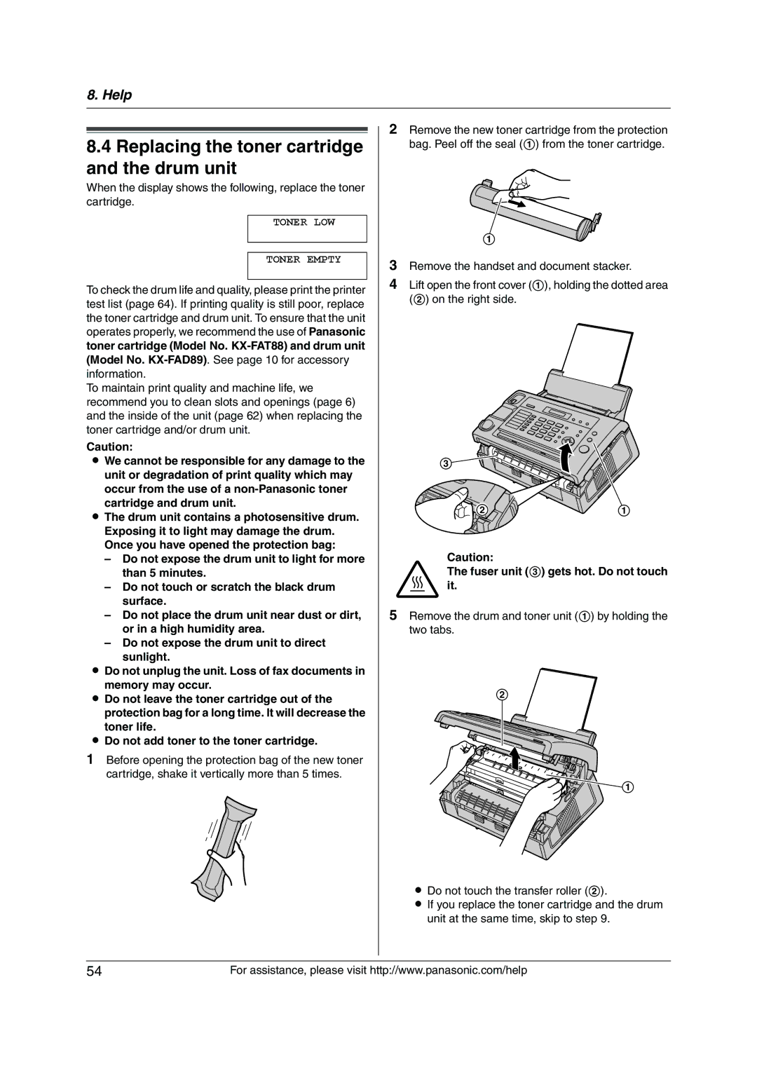 Panasonic KX-FL421 manual Replacing the toner cartridge and the drum unit, Toner LOW Toner Empty 