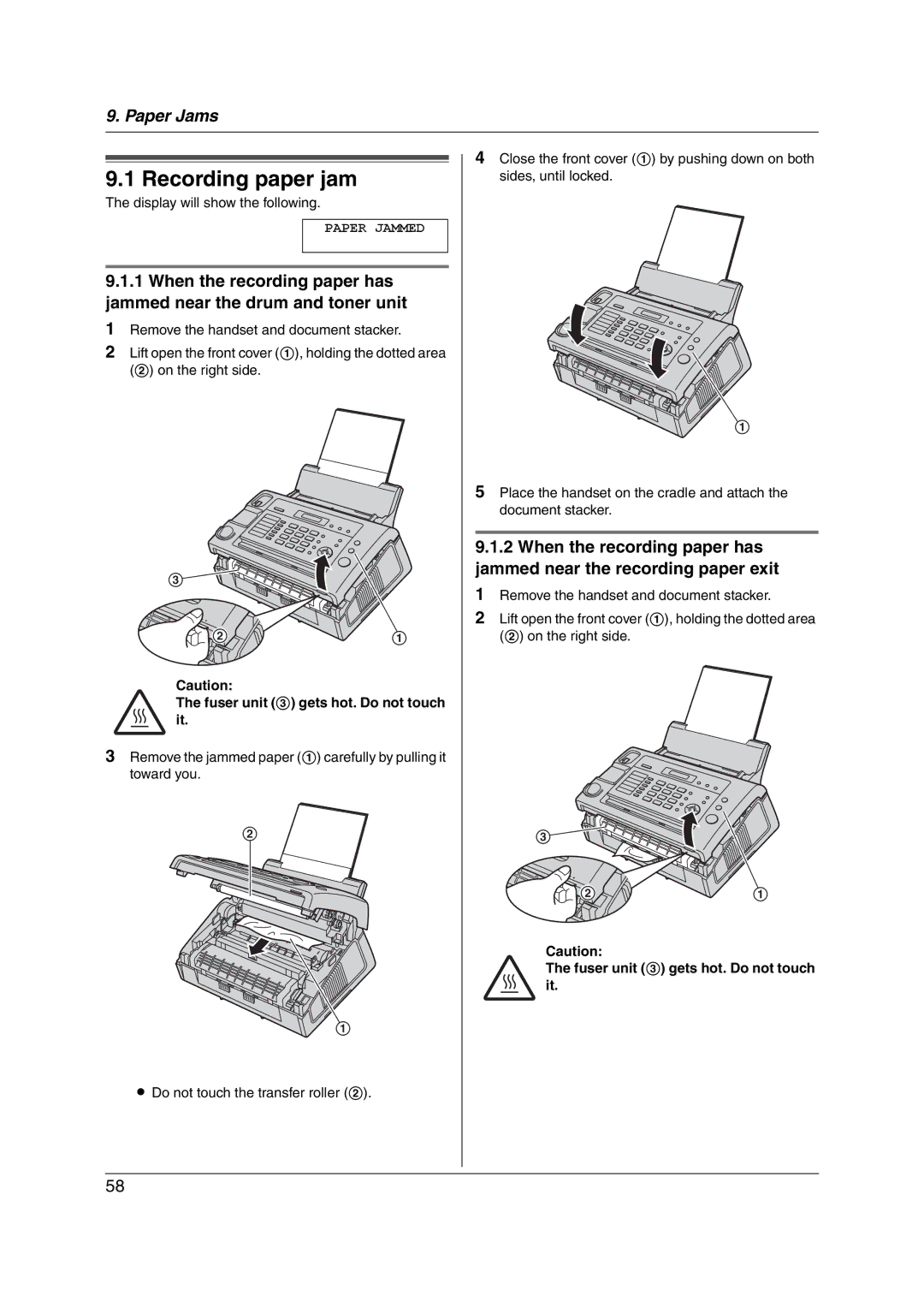 Panasonic KX-FL421 manual Recording paper jam, Paper Jammed 