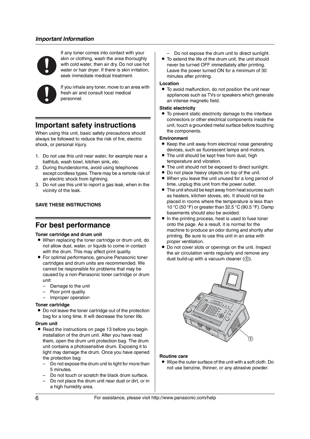 Panasonic KX-FL421 manual Important safety instructions, For best performance 