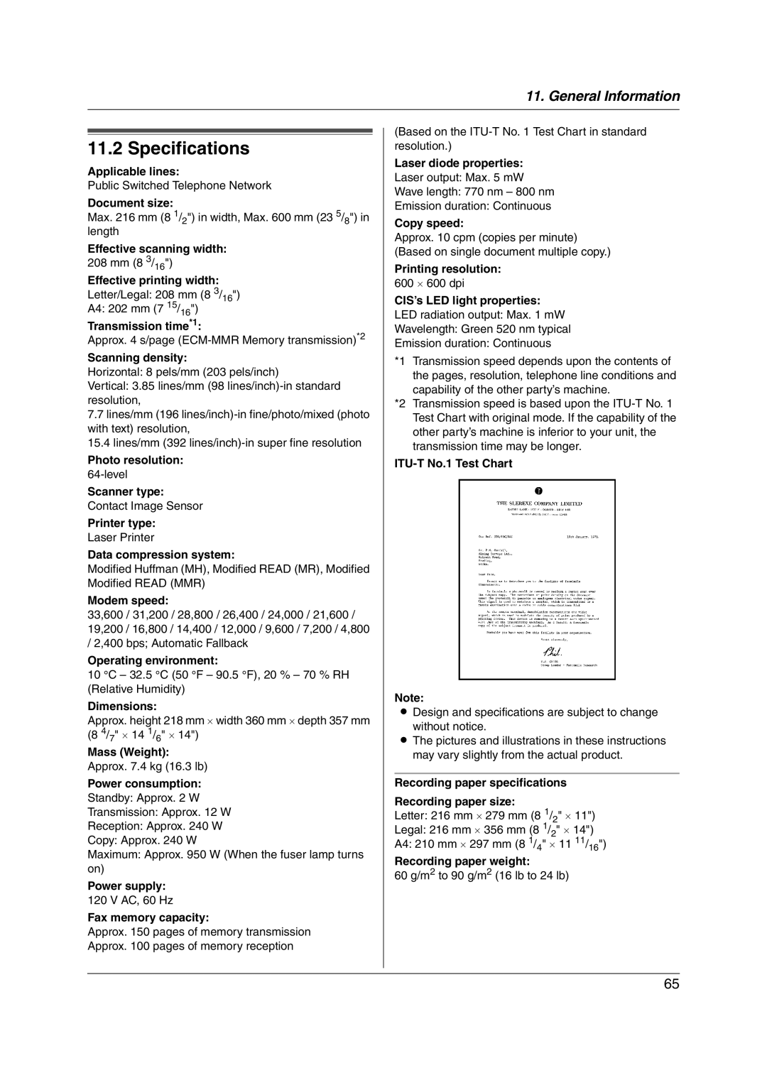 Panasonic KX-FL421 manual Specifications 