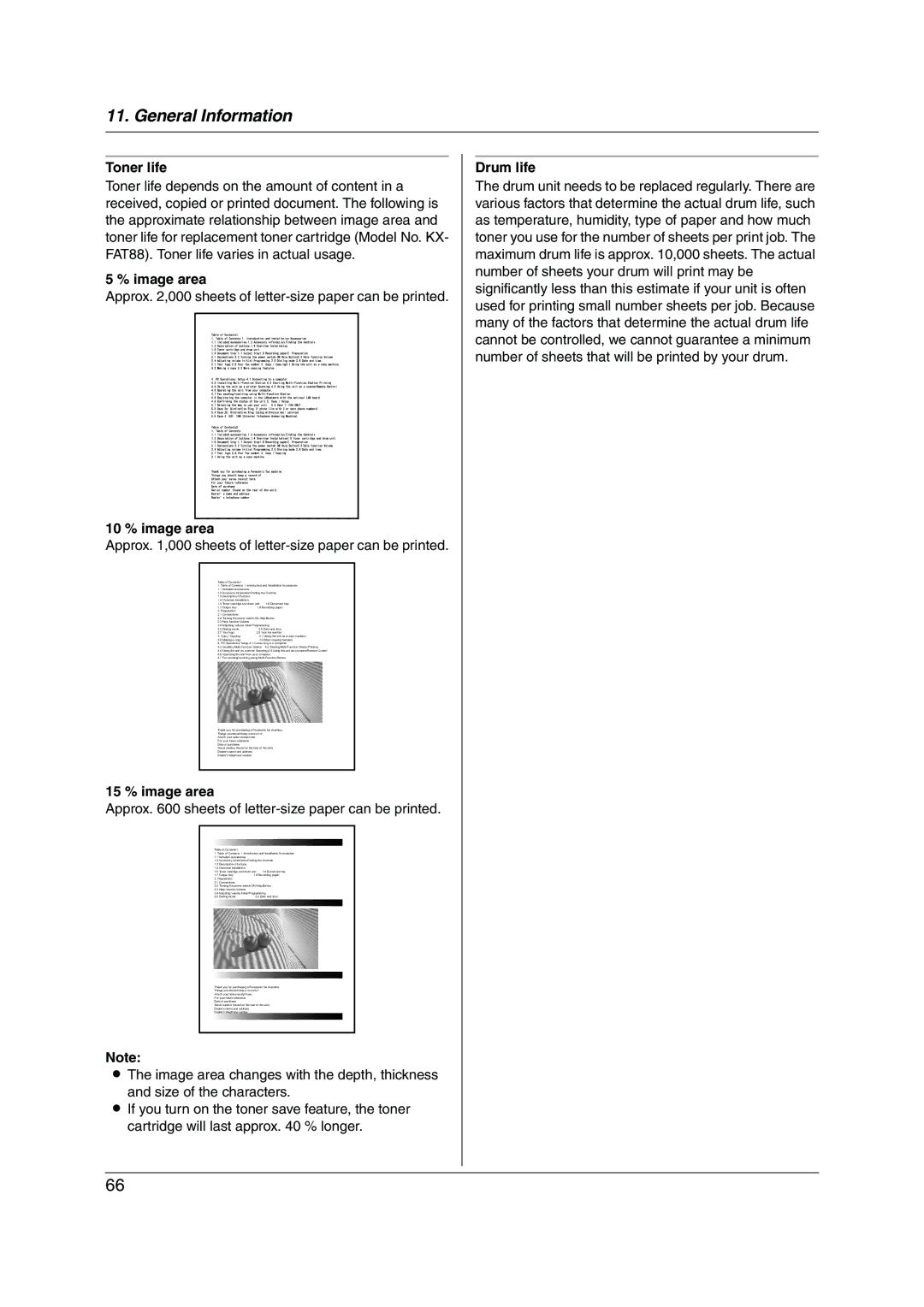 Panasonic KX-FL421 manual Toner life, 10 % image area, 15 % image area, Drum life 