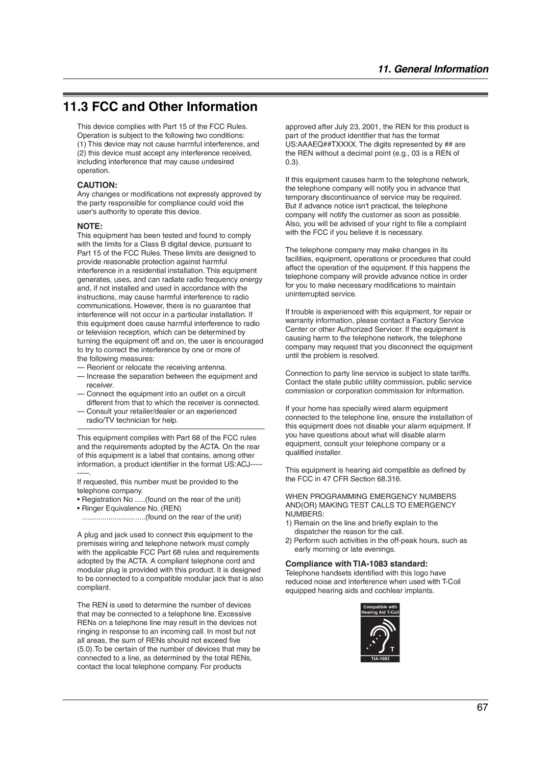 Panasonic KX-FL421 manual FCC and Other Information, Compliance with TIA-1083 standard 