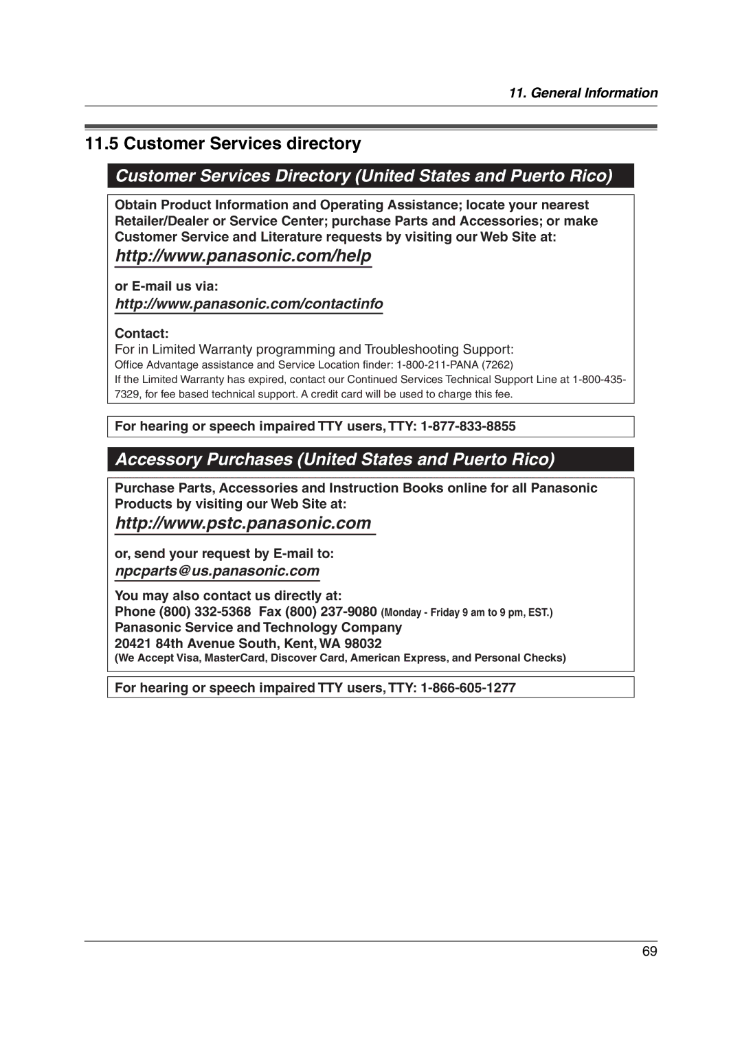 Panasonic KX-FL421 manual Customer Services directory, Customer Services Directory United States and Puerto Rico 