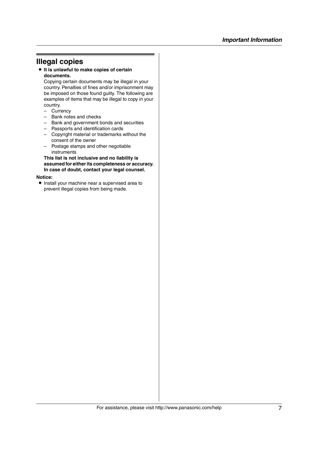 Panasonic KX-FL421 manual Illegal copies, It is unlawful to make copies of certain documents 