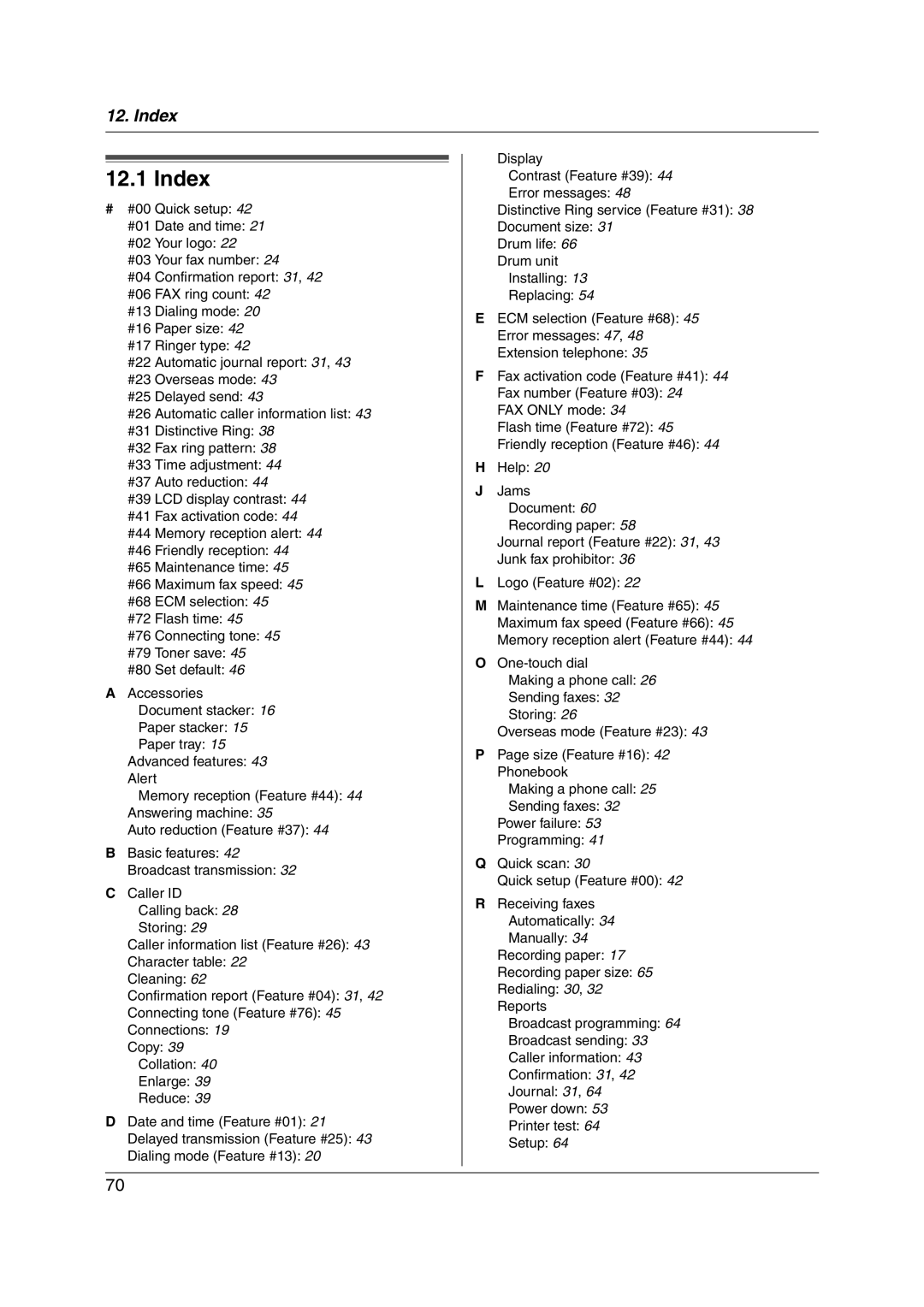 Panasonic KX-FL421 manual Index 