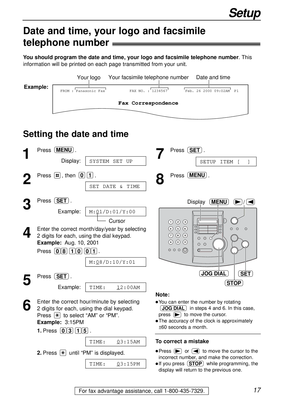 Panasonic KX-FL501 manual Date and time, your logo and facsimile telephone number, Setting the date and time, Menu 