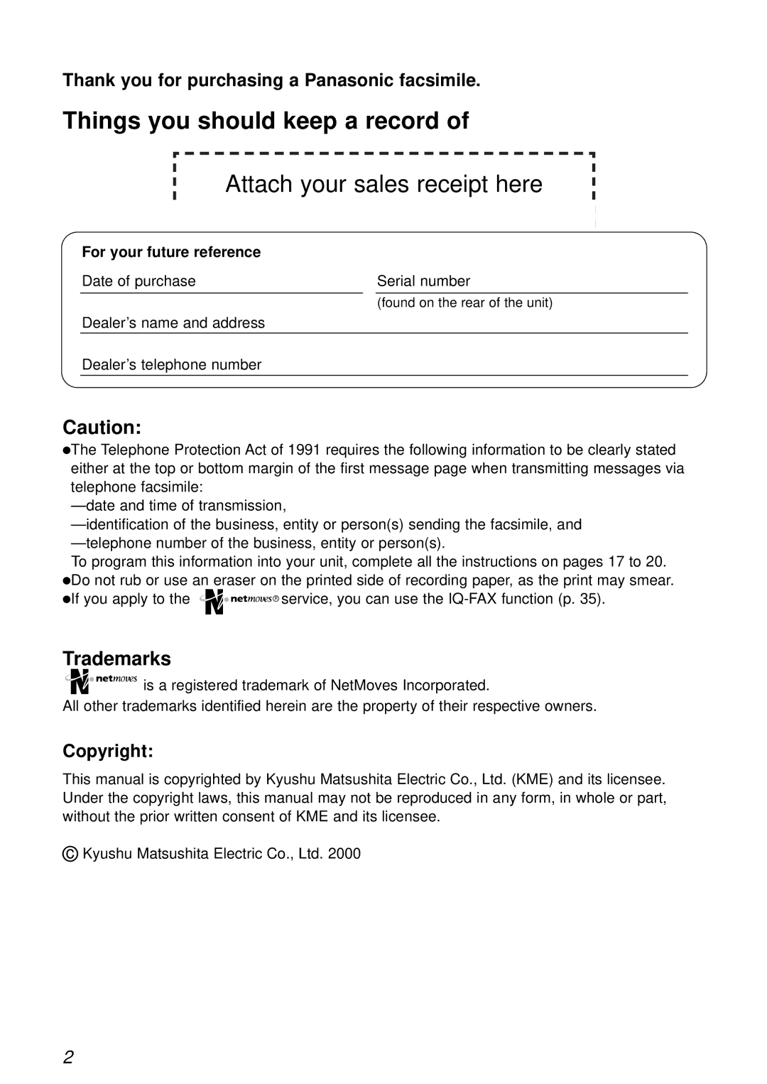 Panasonic KX-FL501 manual Things you should keep a record, For your future reference 