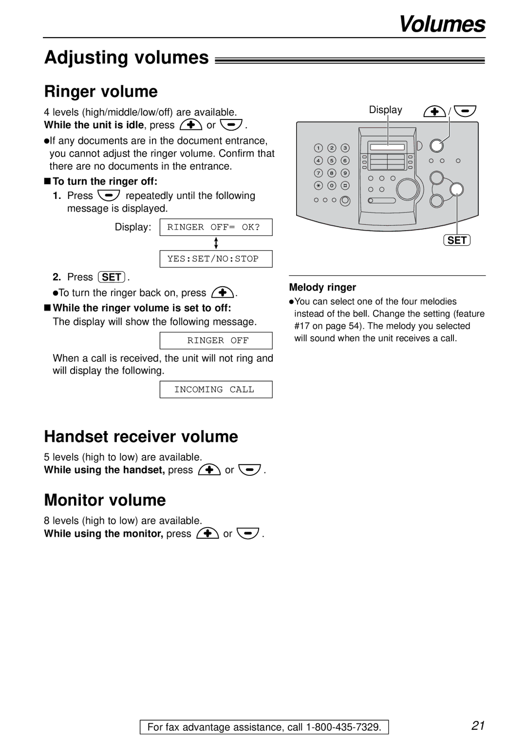 Panasonic KX-FL501 manual Volumes, Adjusting volumes, Ringer volume, Handset receiver volume, Monitor volume 