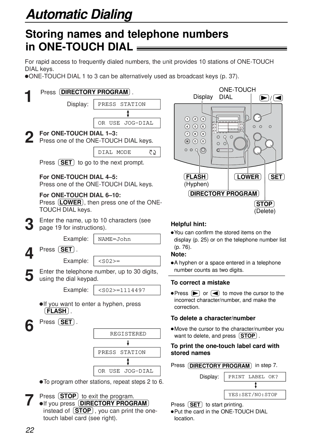 Panasonic KX-FL501 manual Automatic Dialing, Storing names and telephone numbers in ONE-TOUCH Dial, Directory Program 