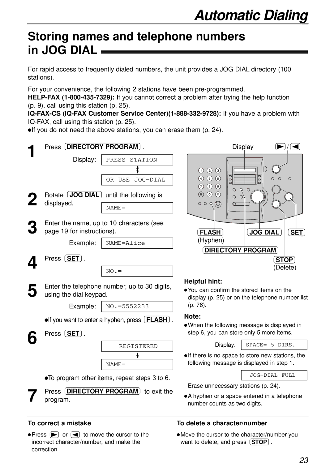 Panasonic KX-FL501 manual Storing names and telephone numbers in JOG Dial 