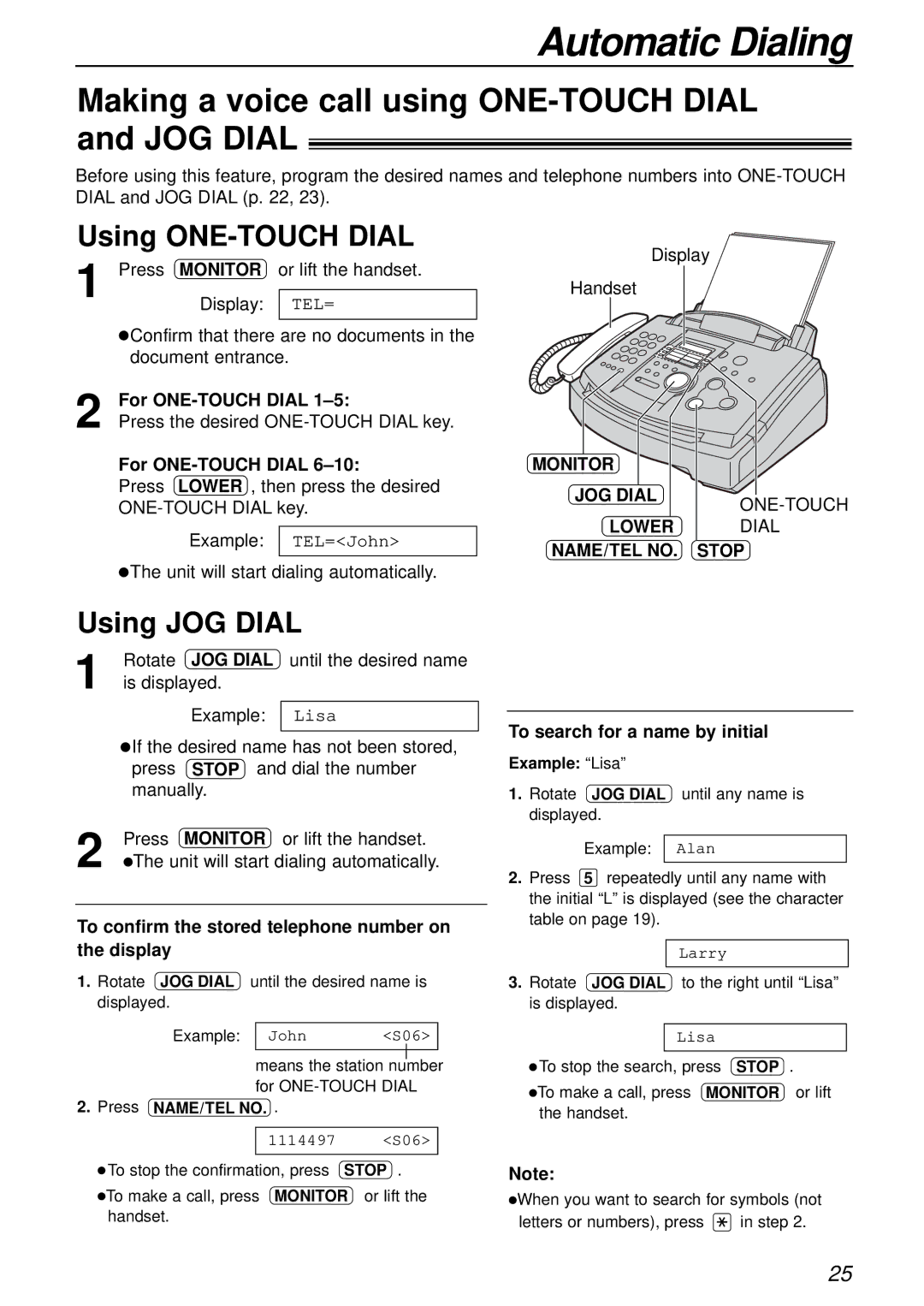 Panasonic KX-FL501 manual Making a voice call using ONE-TOUCH Dial and JOG Dial, Using ONE-TOUCH Dial, Using JOG Dial 