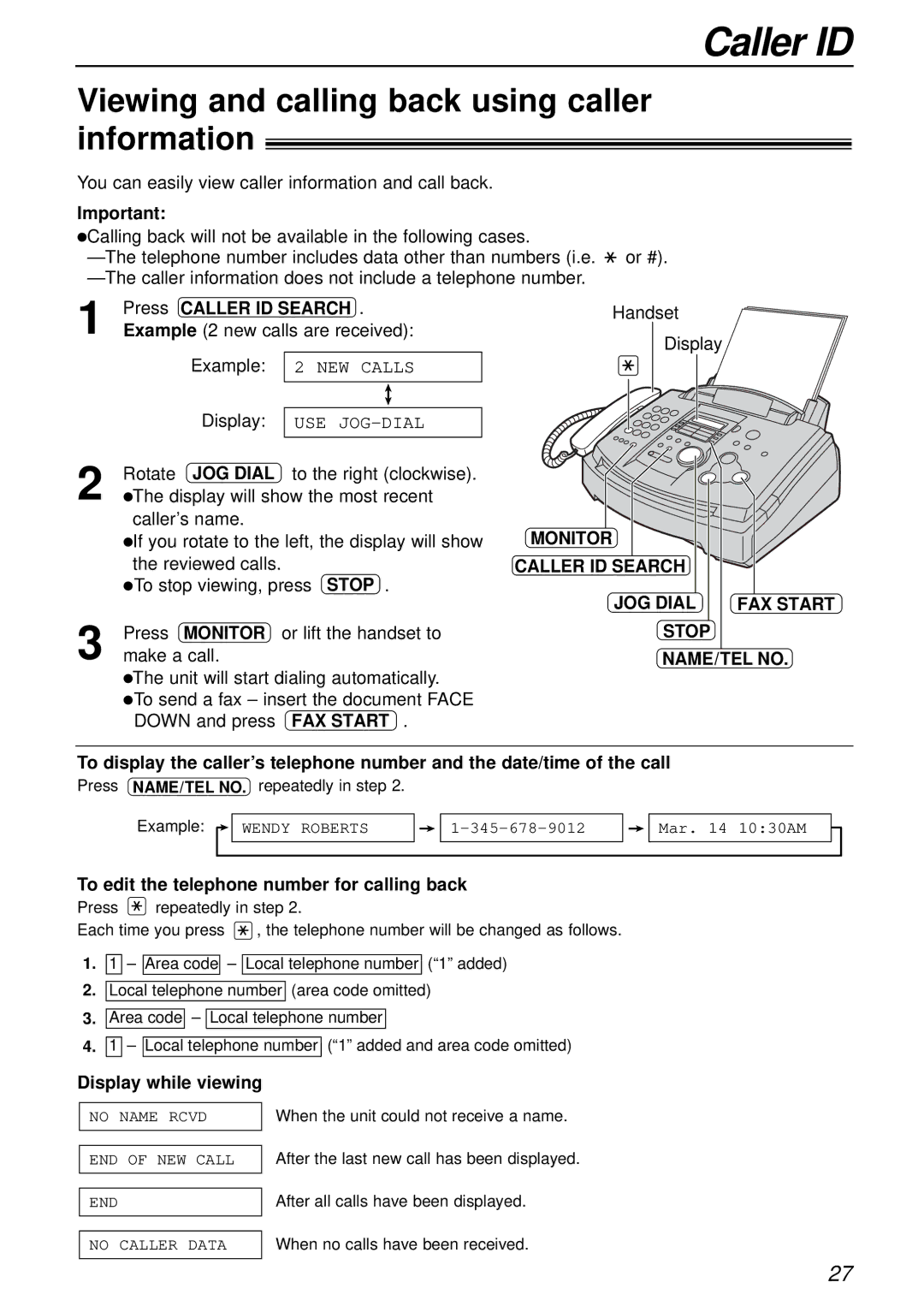 Panasonic KX-FL501 manual Viewing and calling back using caller information, Monitor Caller ID Search JOG Dial 