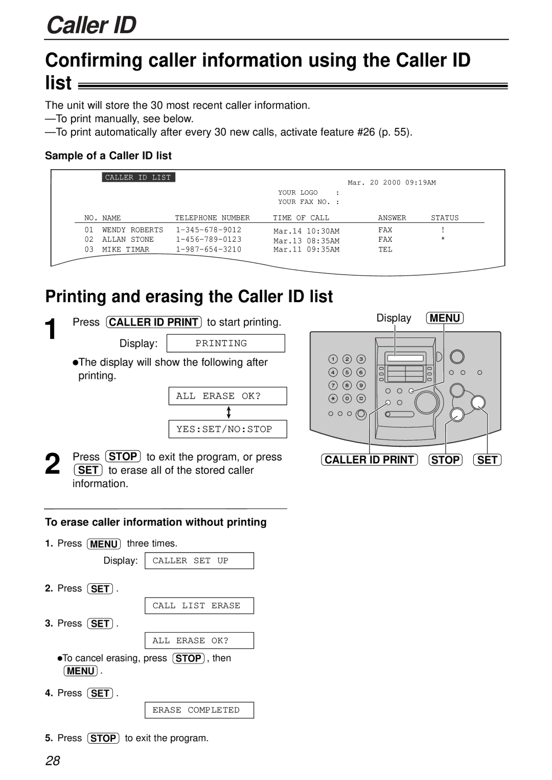 Panasonic KX-FL501 manual Confirming caller information using the Caller ID list, Printing and erasing the Caller ID list 