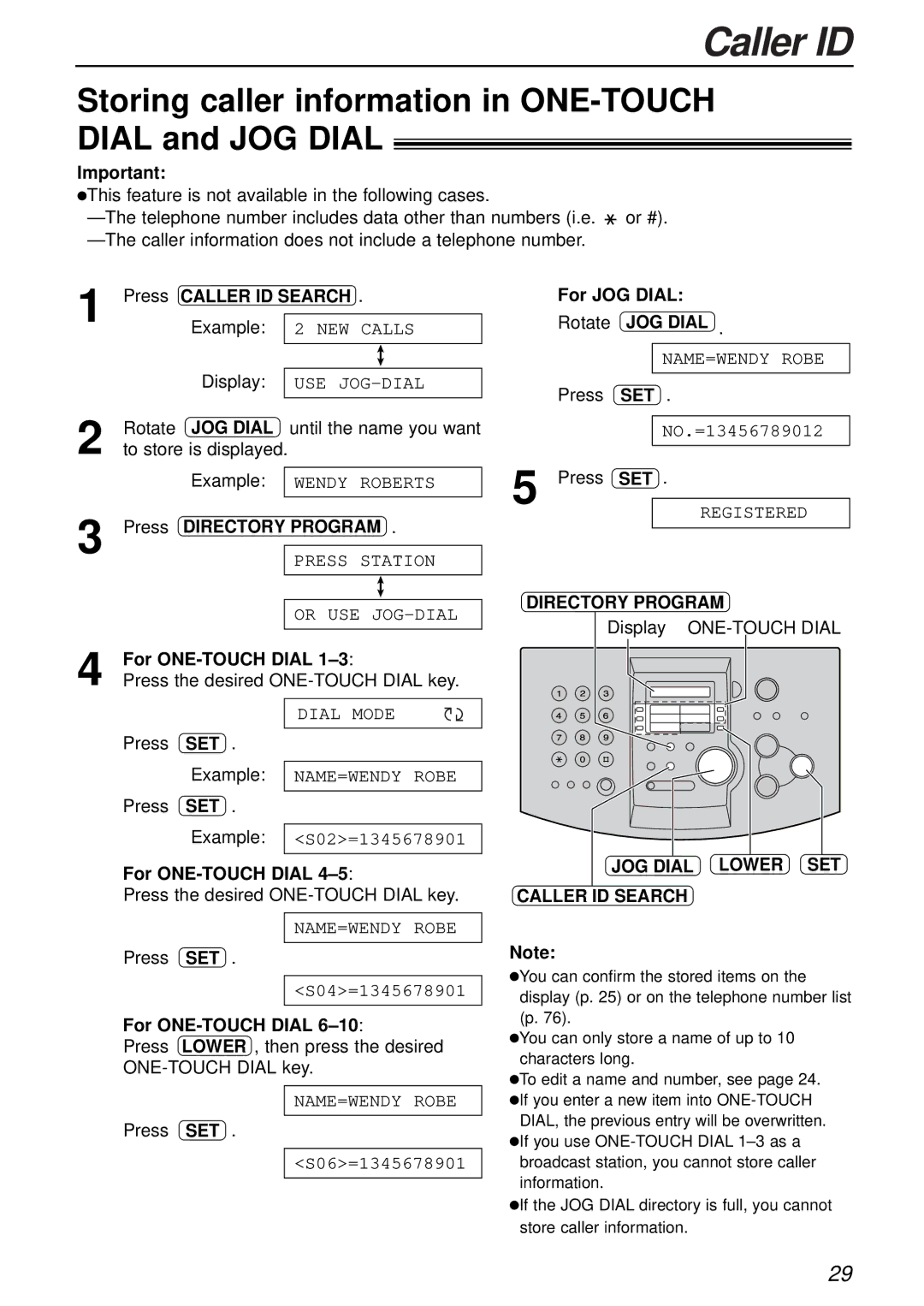 Panasonic KX-FL501 manual Storing caller information in ONE-TOUCH Dial and JOG Dial, For JOG Dial Rotate JOG Dial 