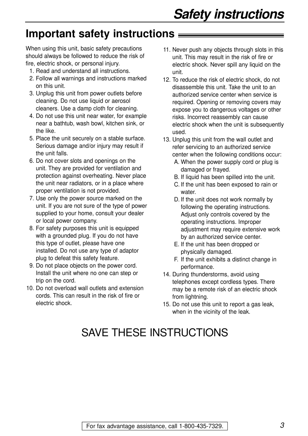 Panasonic KX-FL501 manual Safety instructions, Important safety instructions 