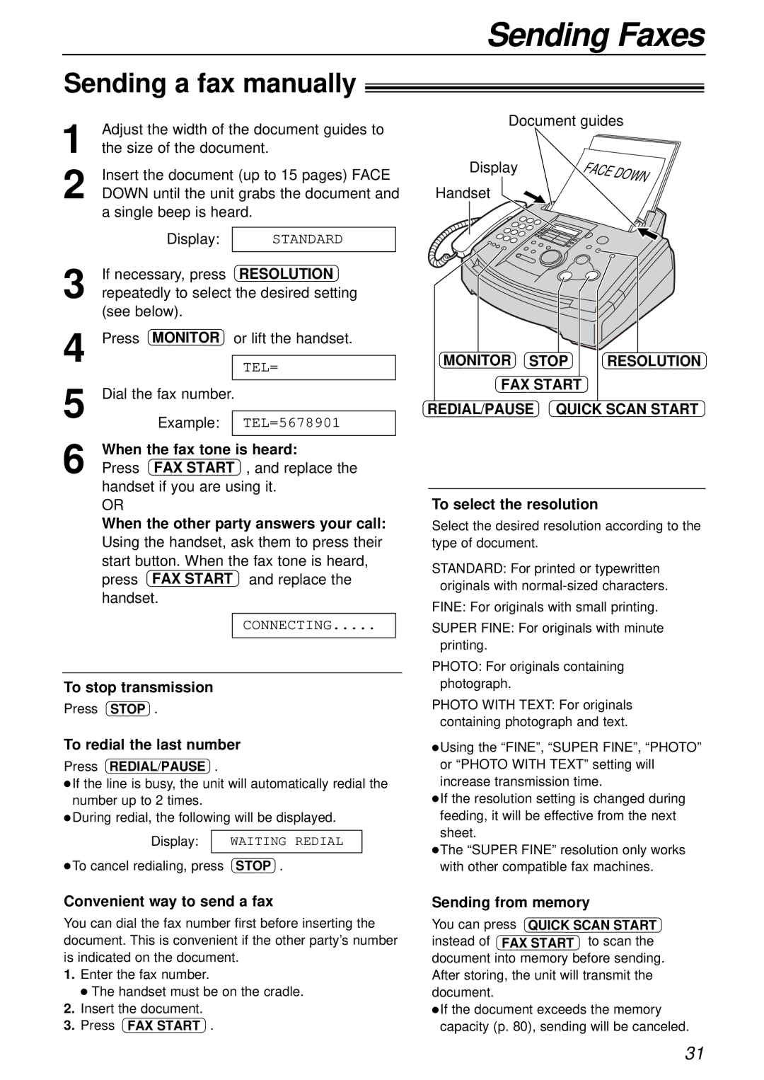 Panasonic KX-FL501 Sending Faxes, Sending a fax manually, Resolution, FAX Start 