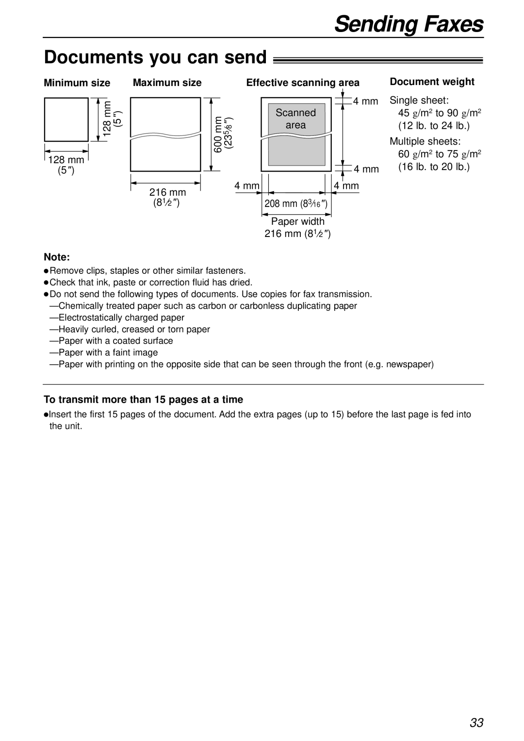 Panasonic KX-FL501 manual Documents you can send, Minimum size Maximum size, Effective scanning area, Document weight 