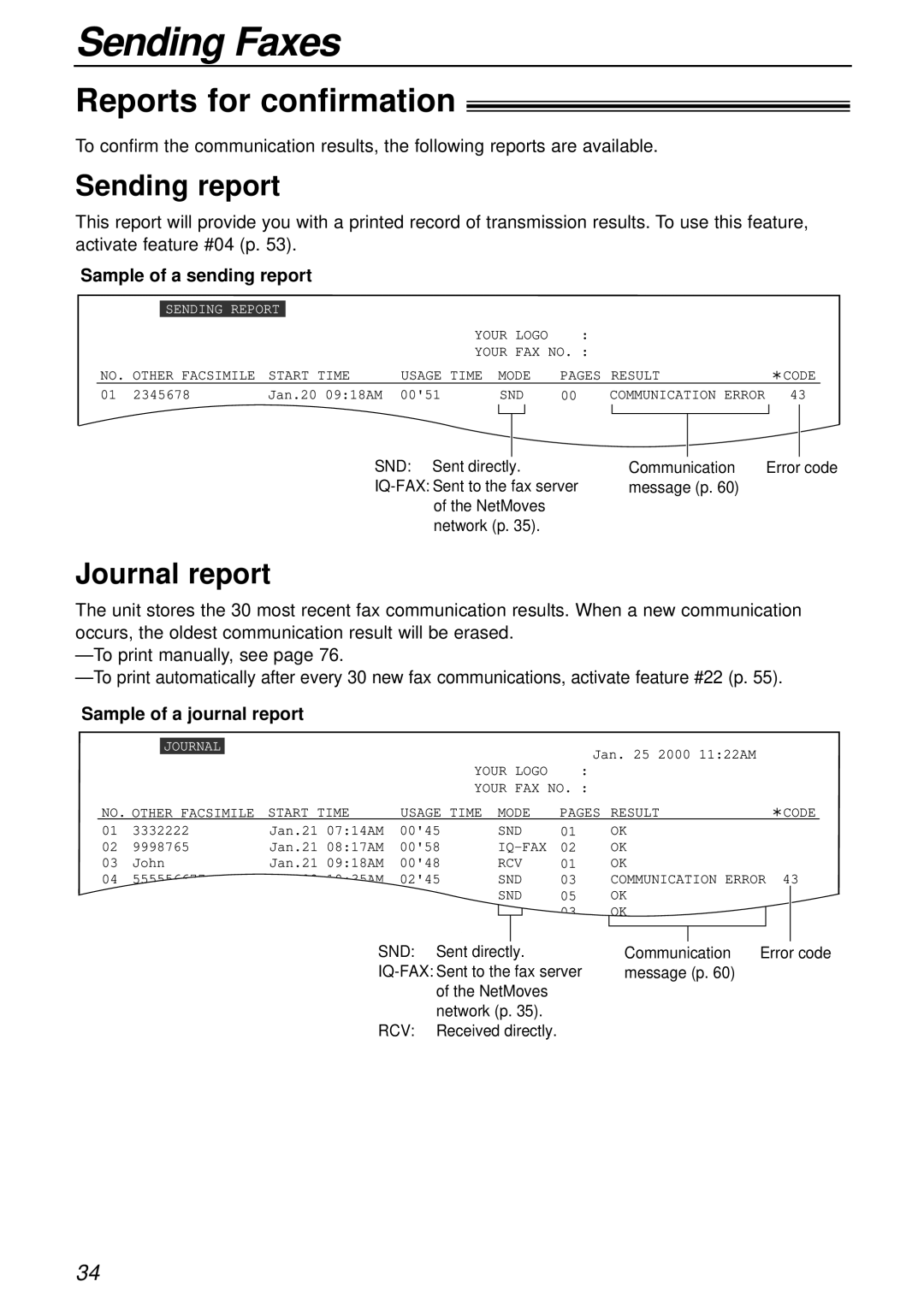 Panasonic KX-FL501 manual Reports for confirmation, Sending report, Journal report, Sample of a sending report 