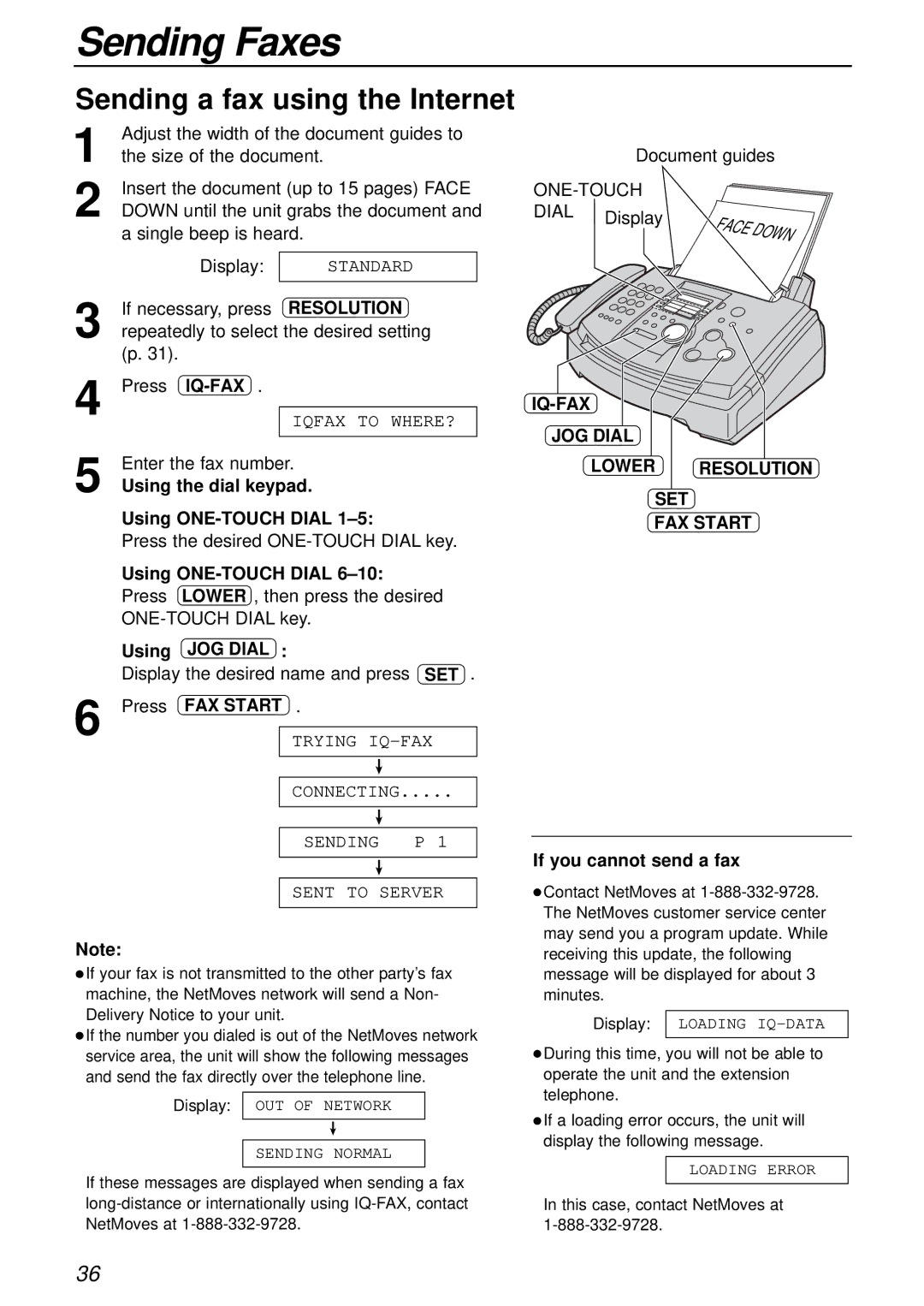 Panasonic KX-FL501 manual Sending a fax using the Internet, Iq-Fax, IQ-FAX JOG Dial Lower Resolution SET FAX Start 