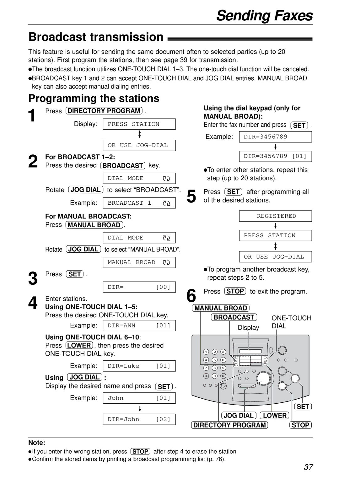 Panasonic KX-FL501 manual Broadcast transmission, Programming the stations 