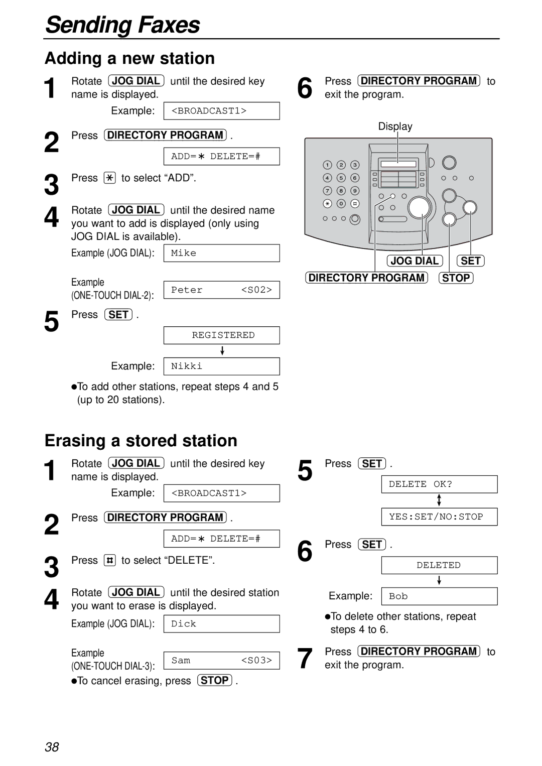 Panasonic KX-FL501 manual Adding a new station, Erasing a stored station, Press Directory Program to 