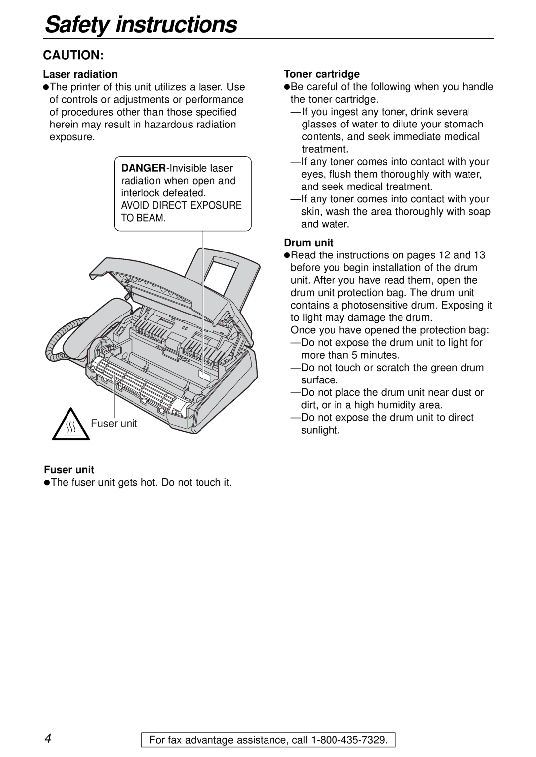 Panasonic KX-FL501 manual Laser radiation, Fuser unit, Toner cartridge, Drum unit 