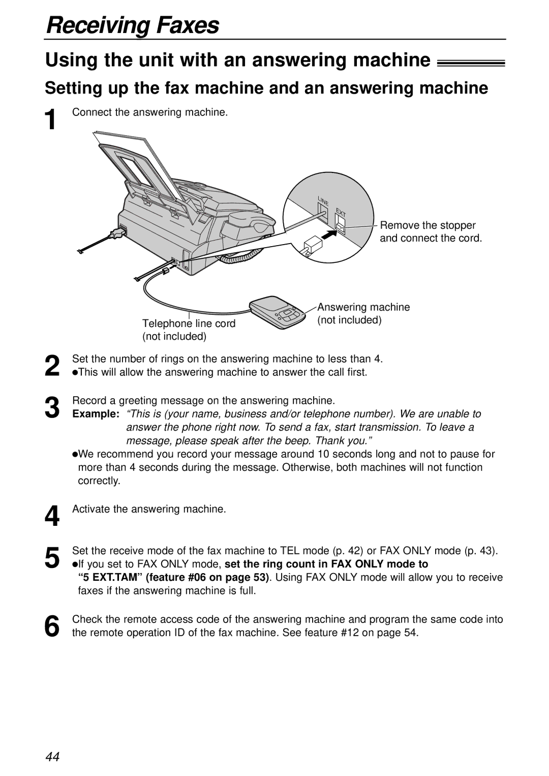 Panasonic KX-FL501 manual Using the unit with an answering machine, Setting up the fax machine and an answering machine 