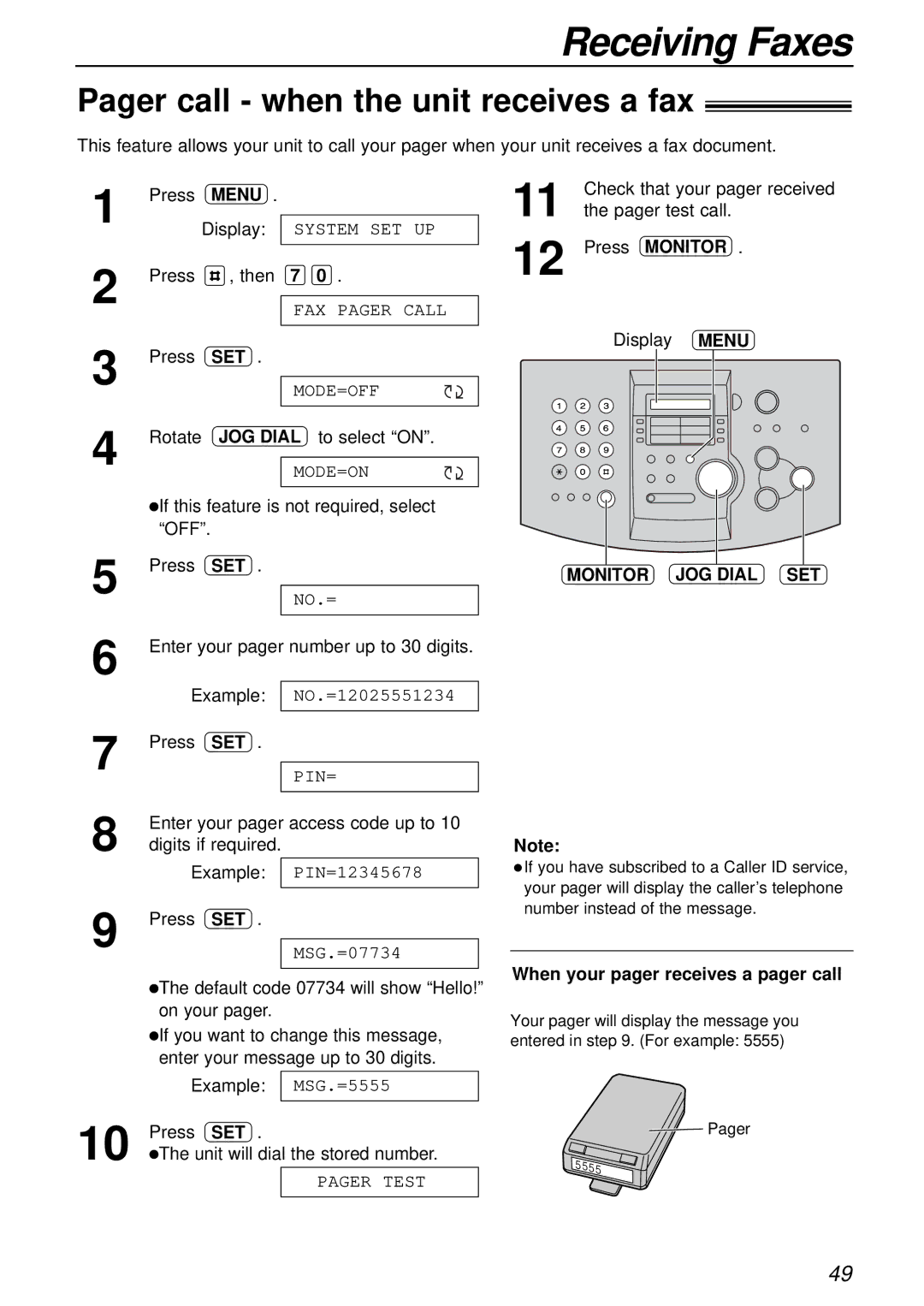 Panasonic KX-FL501 manual Pager call when the unit receives a fax, Menu Monitor JOG Dial SET 