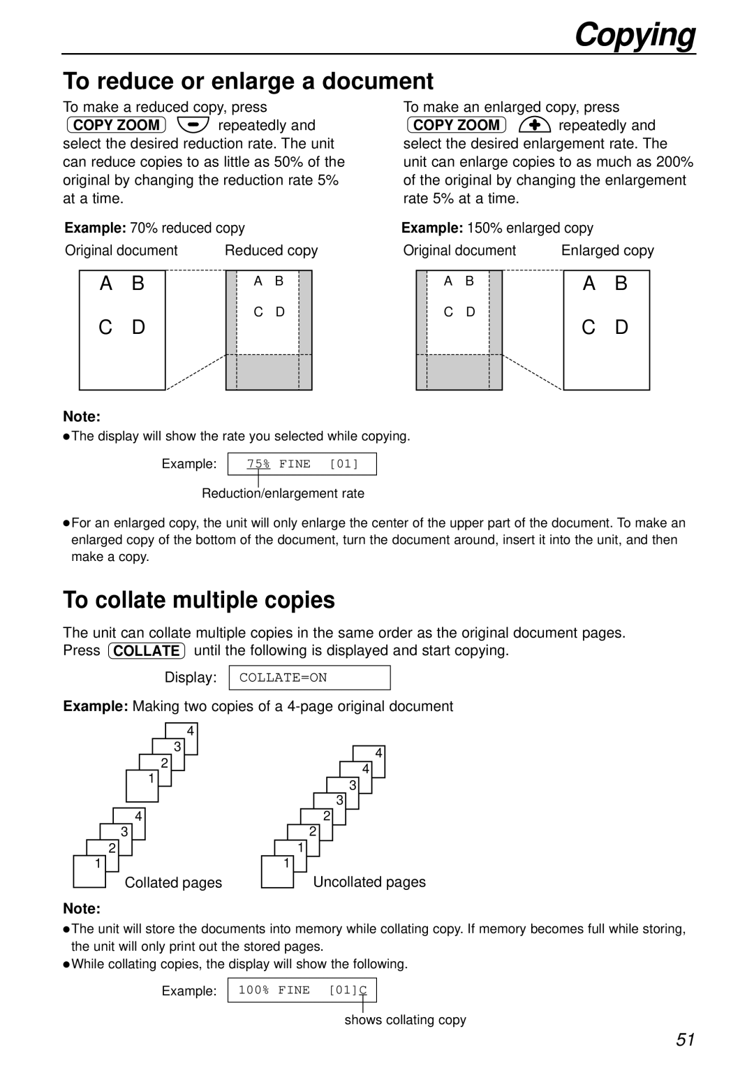 Panasonic KX-FL501 manual To reduce or enlarge a document, To collate multiple copies 