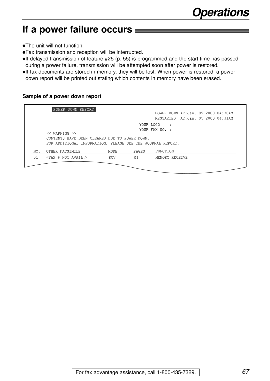 Panasonic KX-FL501 manual If a power failure occurs, Sample of a power down report 