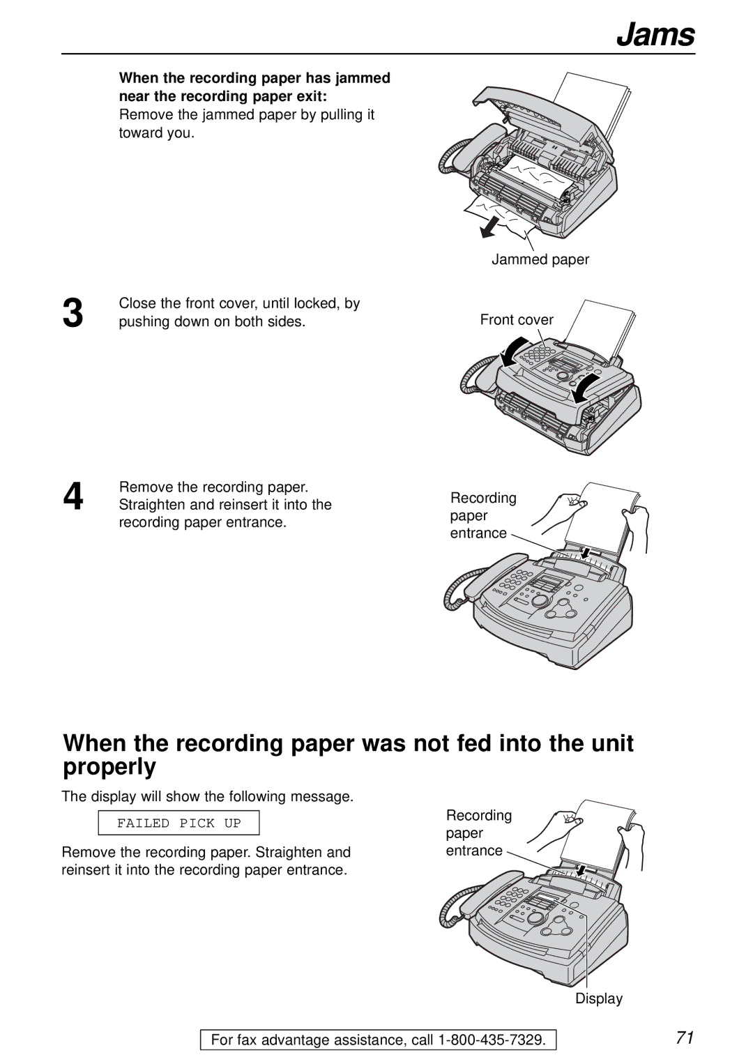 Panasonic KX-FL501 manual Jams, When the recording paper was not fed into the unit properly 