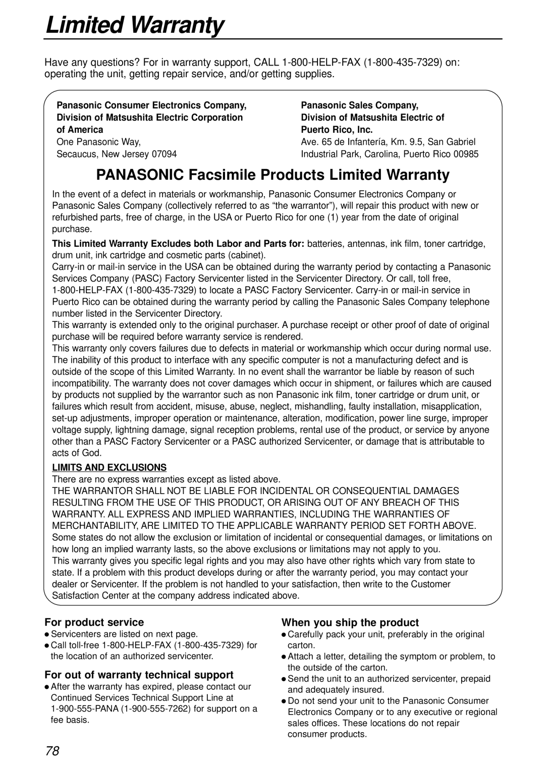 Panasonic KX-FL501 manual Panasonic Facsimile Products Limited Warranty, For product service, When you ship the product 