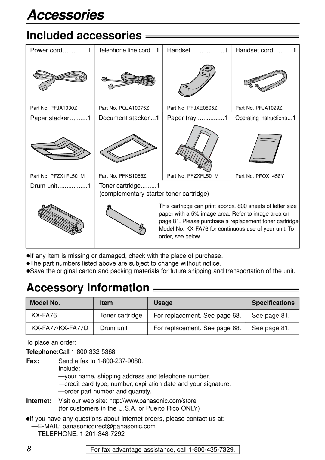 Panasonic KX-FL501 manual Accessories, Included accessories, Accessory information, Model No Usage Specifications 