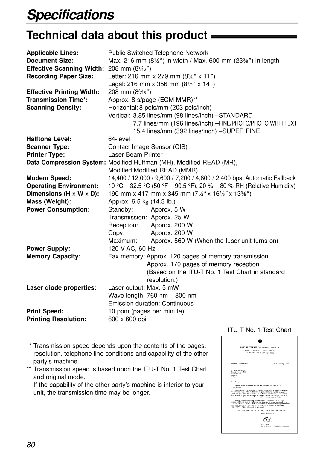 Panasonic KX-FL501 manual Specifications, Technical data about this product 