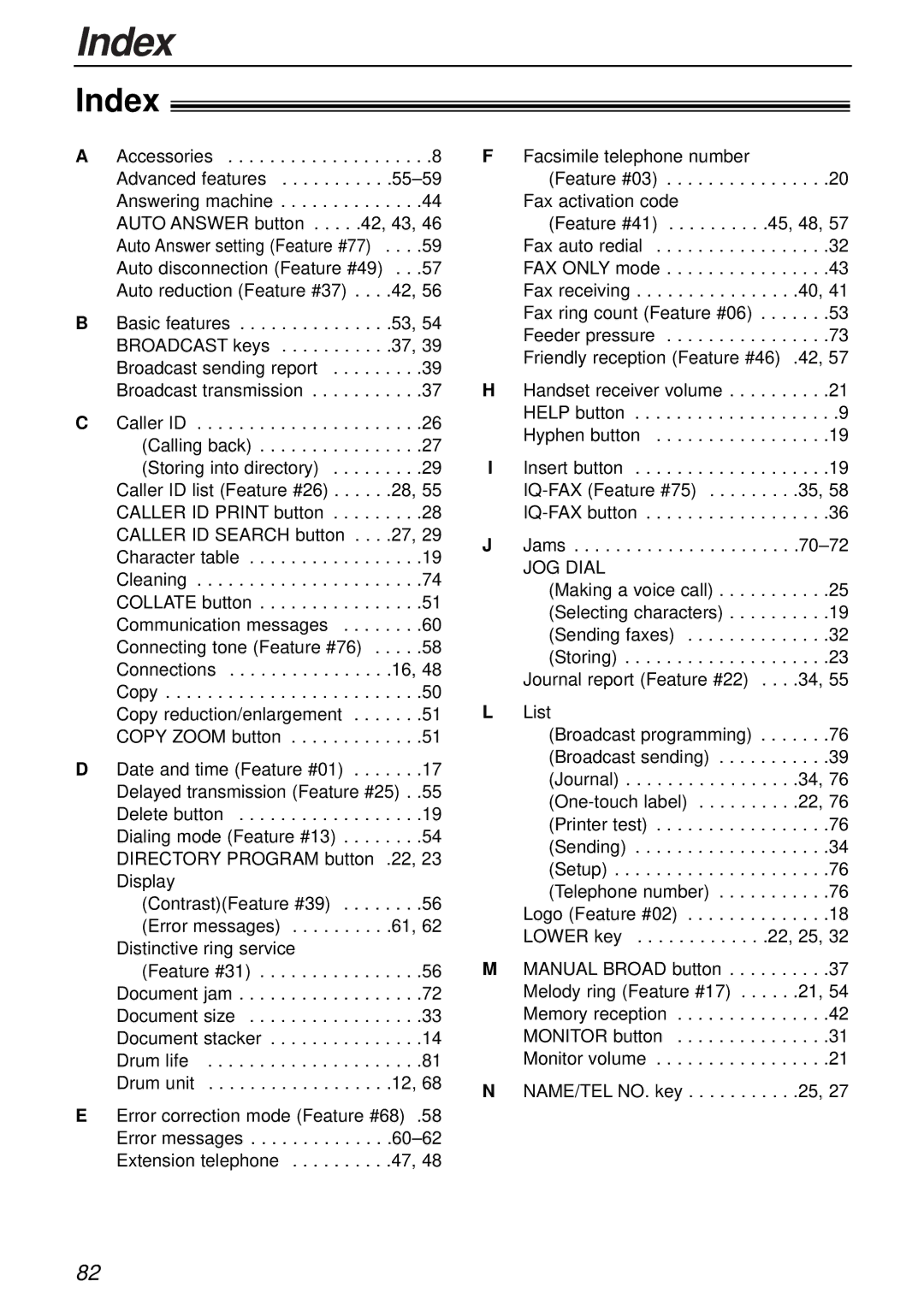 Panasonic KX-FL501 manual Index 