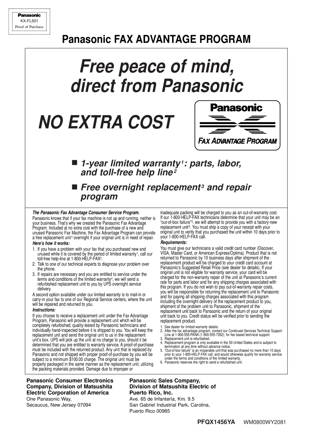 Panasonic KX-FL501 manual No Extra Cost, Panasonic FAX Advantage Program 