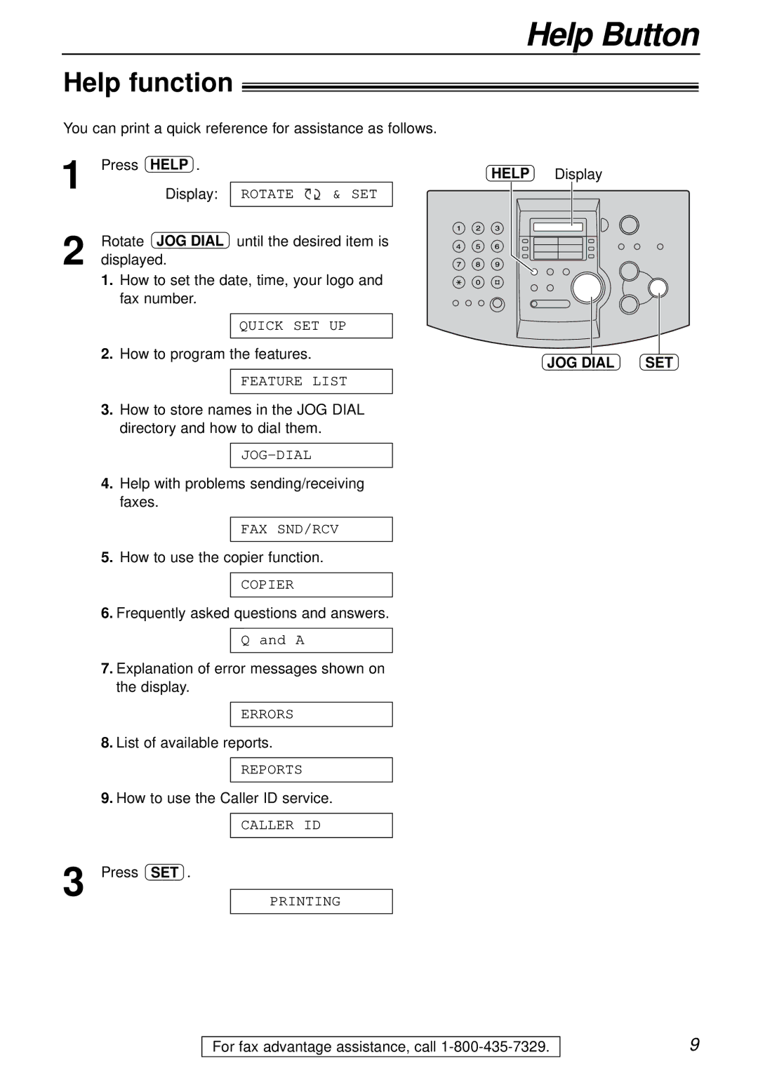 Panasonic KX-FL501 manual Help Button, Help function, JOG Dial SET 