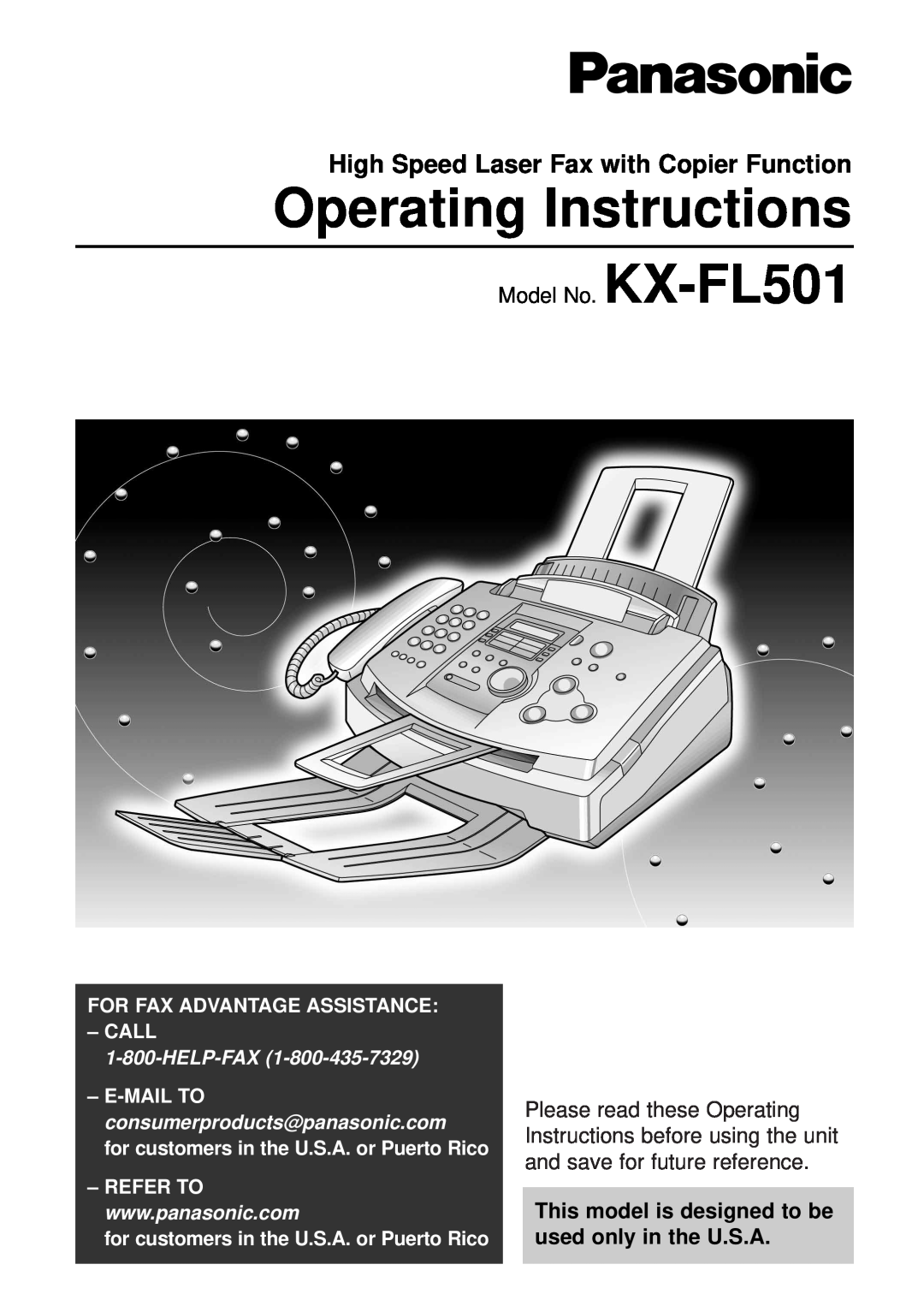 Panasonic manual High Speed Laser Fax with Copier Function, Model No. KX-FL501, Operating Instructions 
