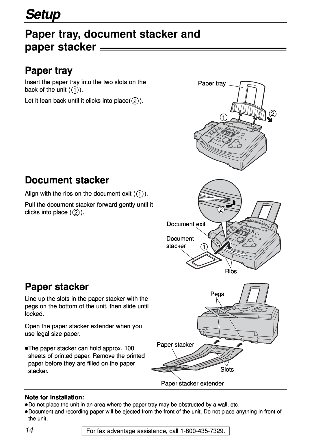 Panasonic KX-FL501 manual Paper tray, document stacker and paper stacker, Document stacker, Paper stacker, Setup 