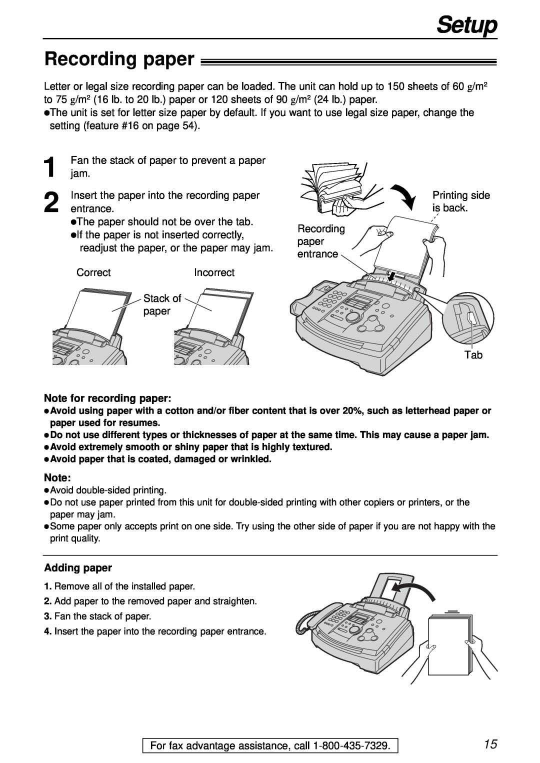 Panasonic KX-FL501 manual Recording paper, Setup, Note for recording paper, Adding paper 