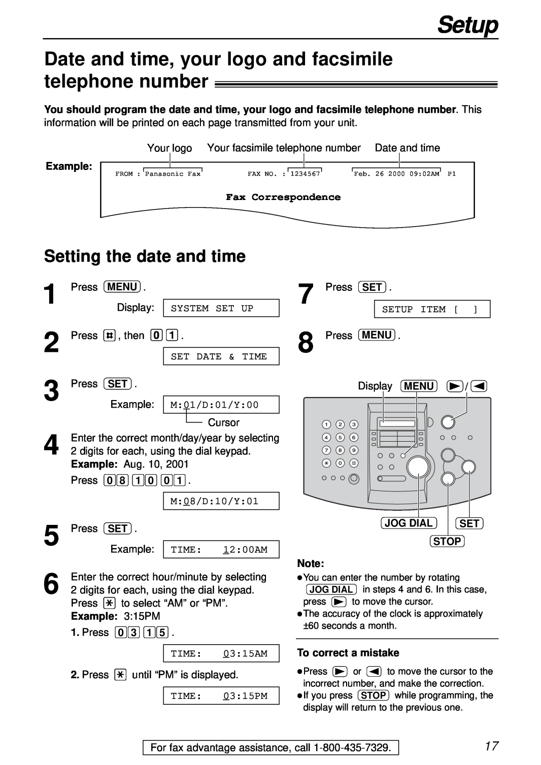 Panasonic KX-FL501 Date and time, your logo and facsimile telephone number, Setting the date and time, Setup, Example 