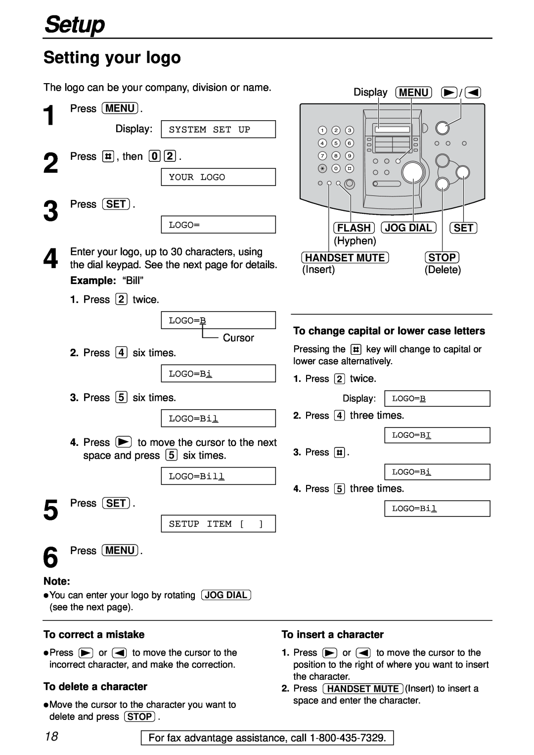 Panasonic KX-FL501 manual Setting your logo, Setup, Menu, Flash, Jog Dial, Hyphen, Handset Mute, Stop, Example “Bill” 