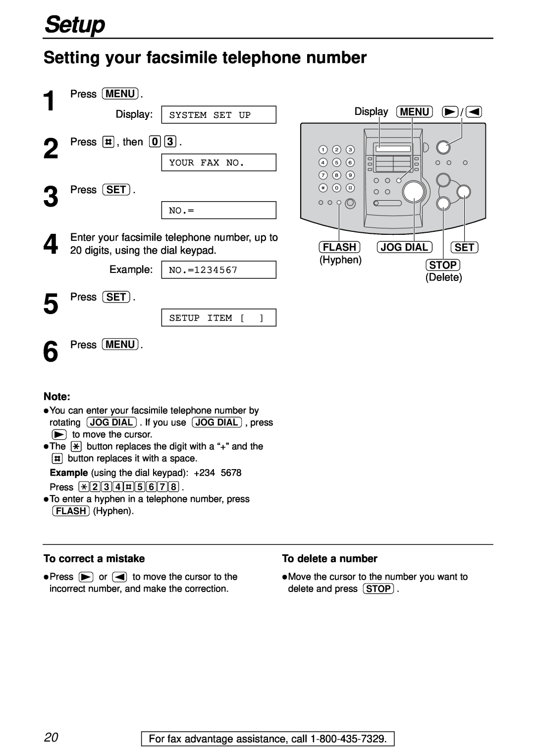 Panasonic KX-FL501 manual Setting your facsimile telephone number, Setup, Menu, Flash, Jog Dial, To correct a mistake 
