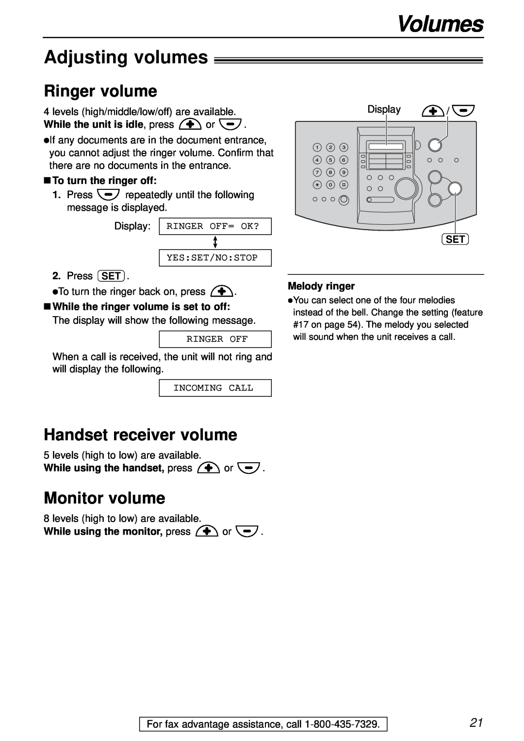 Panasonic KX-FL501 manual Volumes, Adjusting volumes, Ringer volume, Handset receiver volume, Monitor volume, Melody ringer 
