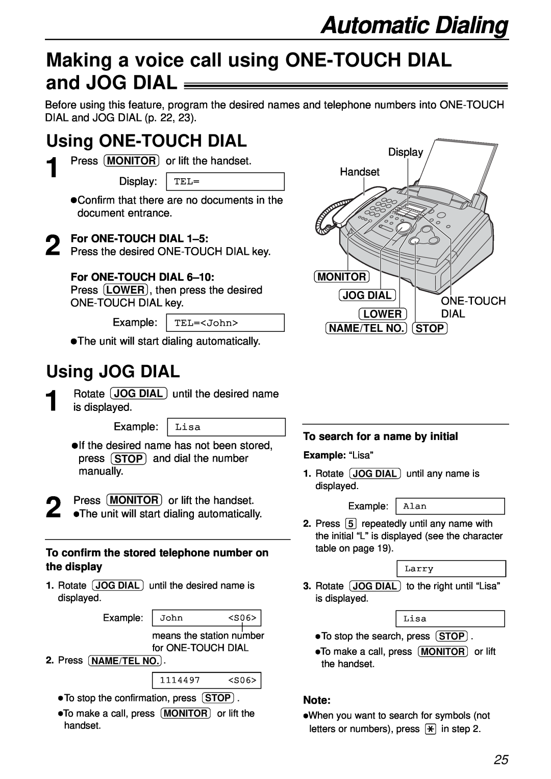 Panasonic KX-FL501 manual Making a voice call using ONE-TOUCH DIAL and JOG DIAL, Using ONE-TOUCH DIAL, Using JOG DIAL 