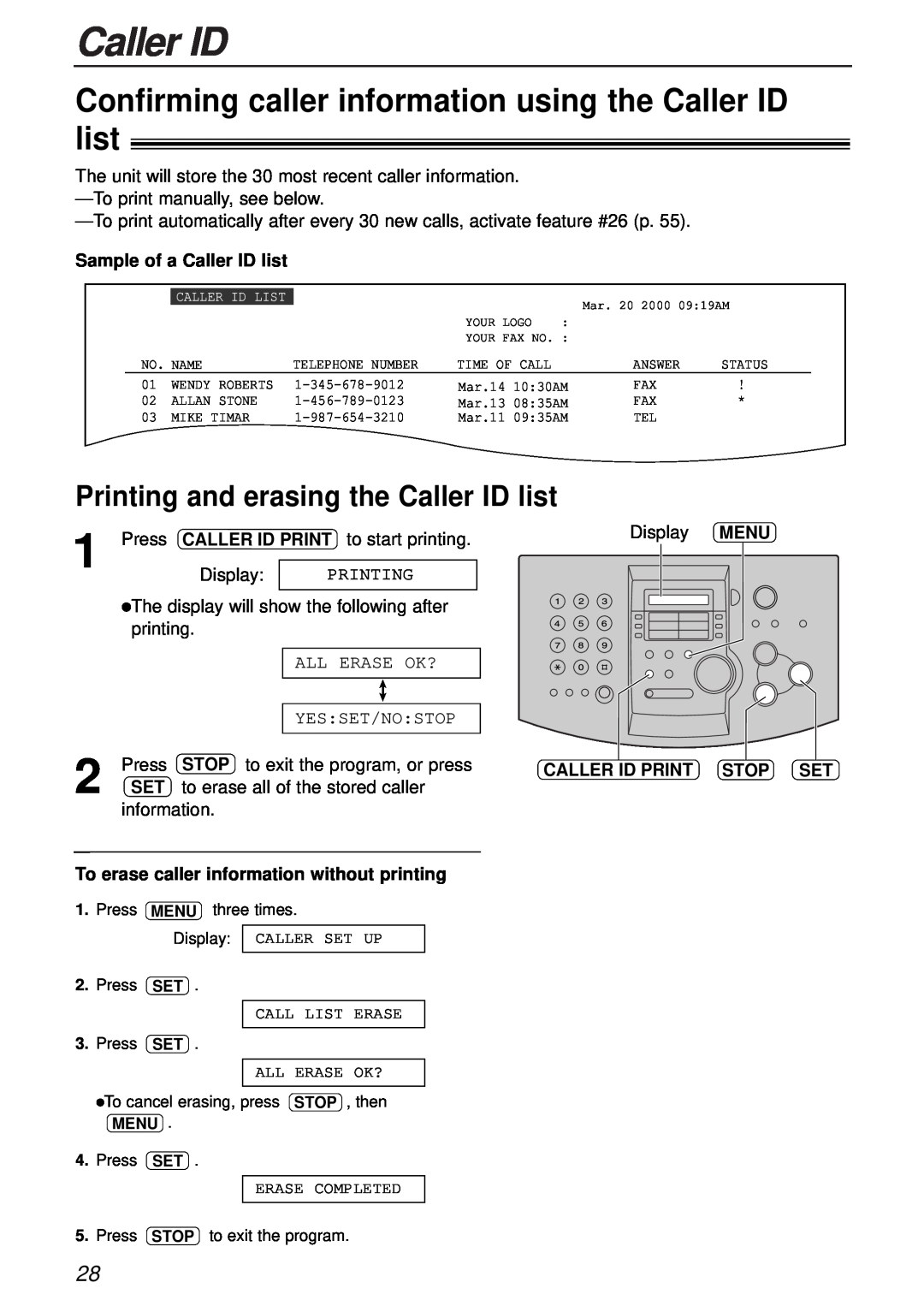 Panasonic KX-FL501 manual Confirming caller information using the Caller ID list, Printing and erasing the Caller ID list 