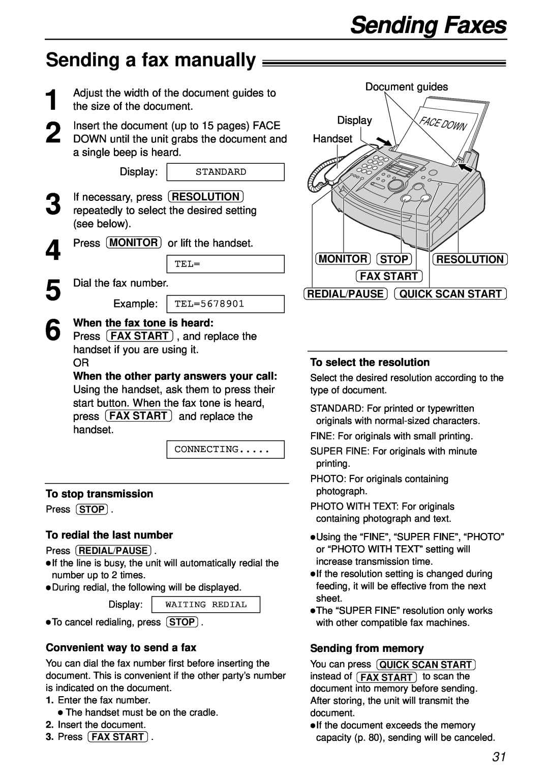 Panasonic KX-FL501 Sending Faxes, Sending a fax manually, Resolution, When the fax tone is heard, Fax Start 