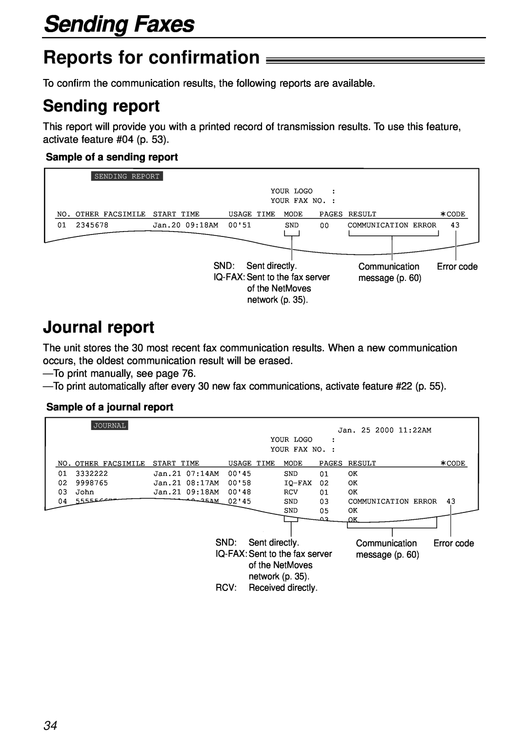 Panasonic KX-FL501 Reports for confirmation, Sending report, Journal report, Sending Faxes, Sample of a sending report 