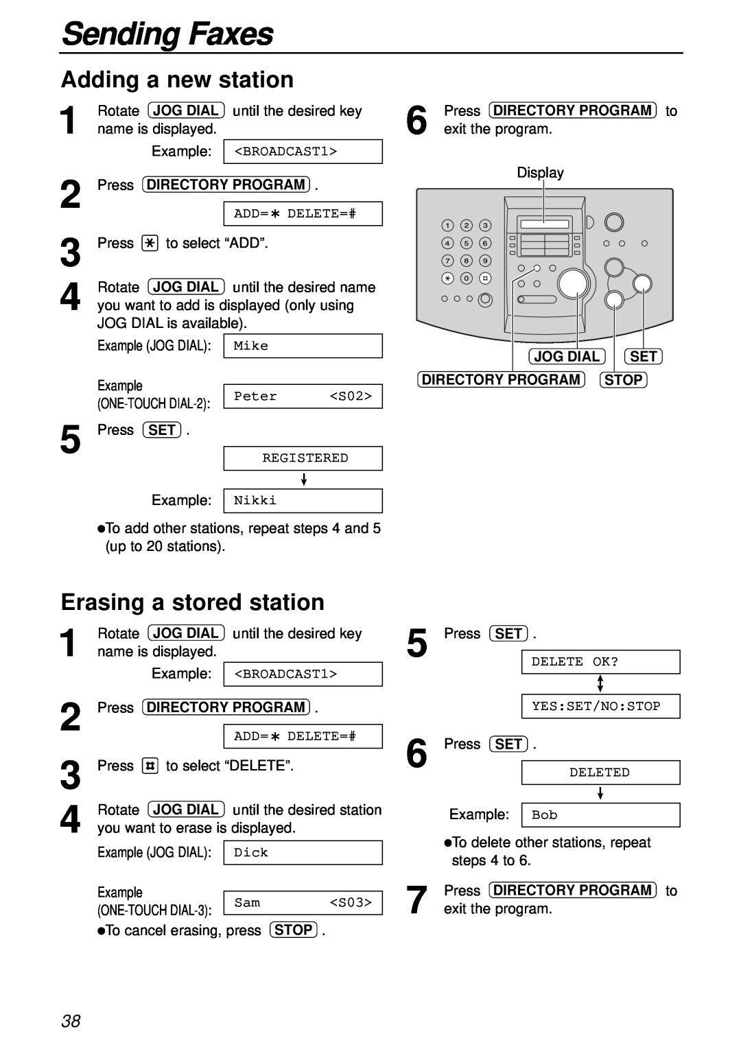 Panasonic KX-FL501 manual Adding a new station, Erasing a stored station, Sending Faxes, Jog Dial, Directory Program, Stop 